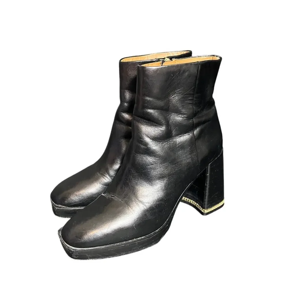 Tory Burch Women Ruby 90 Link Chain‎ Black Leather Chunky Boots size 8.5
